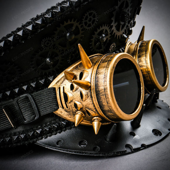 Steampunk Burning Man Spike Gold Goggles Captain Hat - Black - Picture 7 of 7